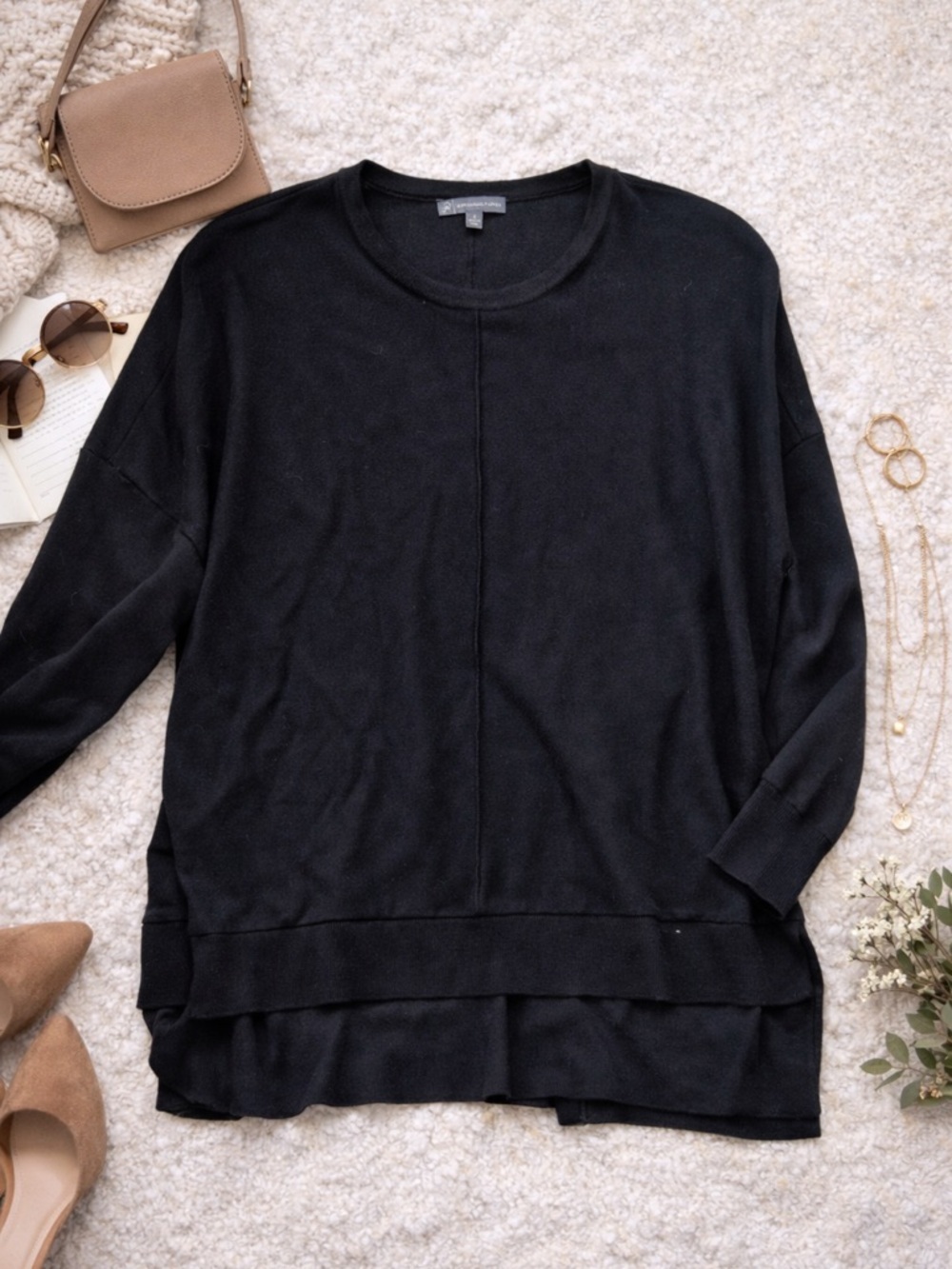 Adrianna Papell Black Hi-Low Hem Tunic Top Long Sleeve Minimalist S